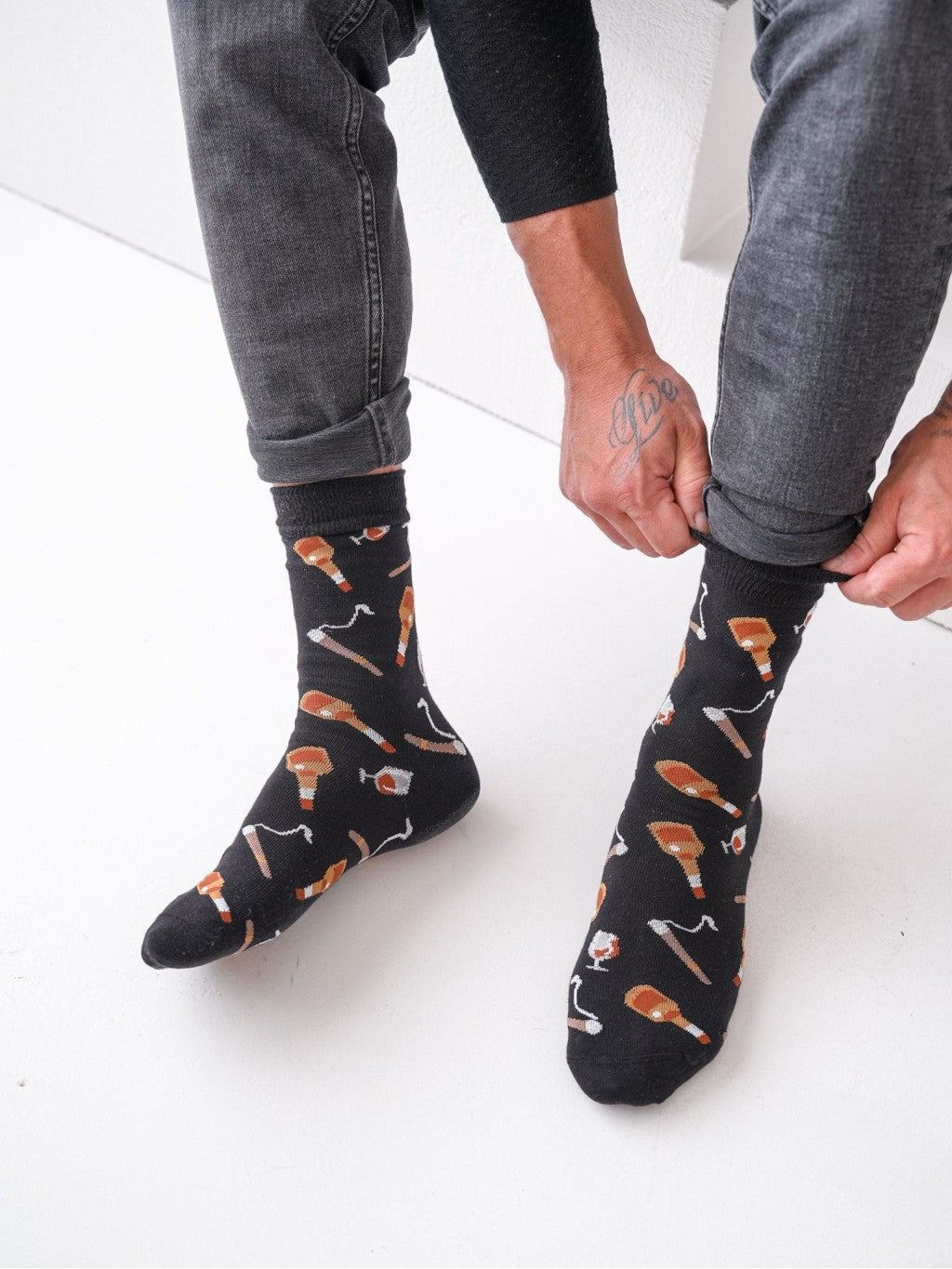 Men's Black Socks with Cigar and Whiskey Motif