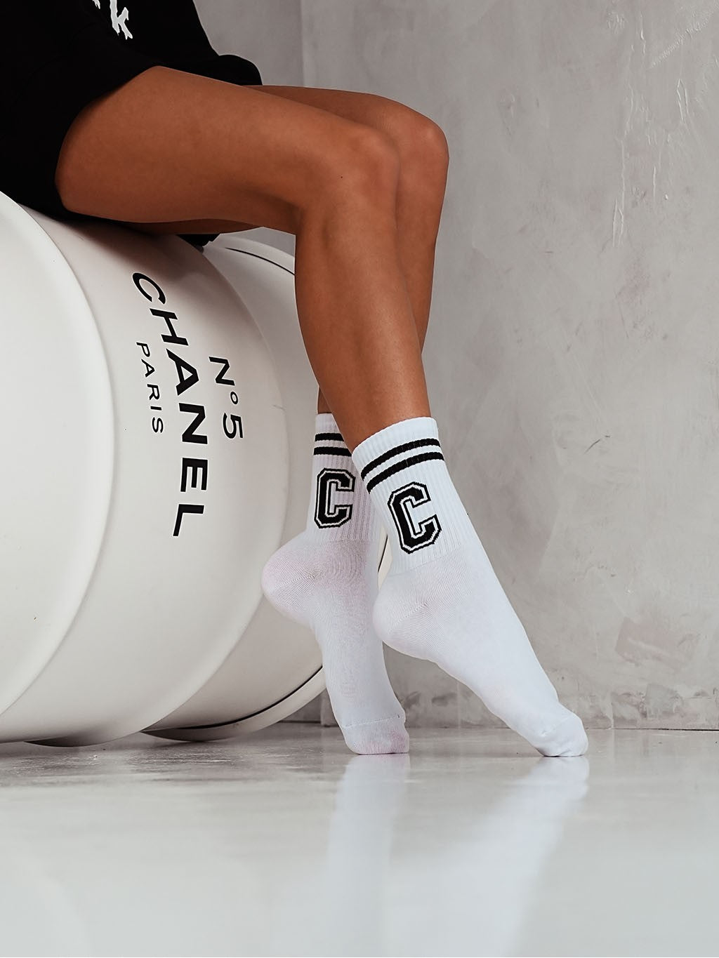 White Cotton Socks with Black "C" Detail - Classic Style with a Modern Twist