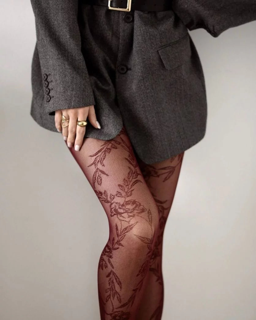 Elegant Lace Floral Tights - Black, Ecru, Burgundy | Gabriella Hosiery