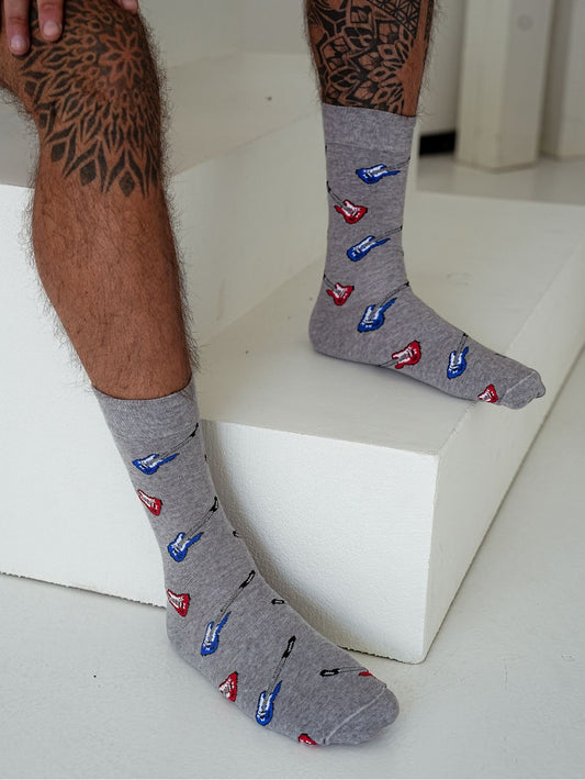 Men’s Grey Socks with Colourful Guitar Pattern – Stylish & Comfortable
