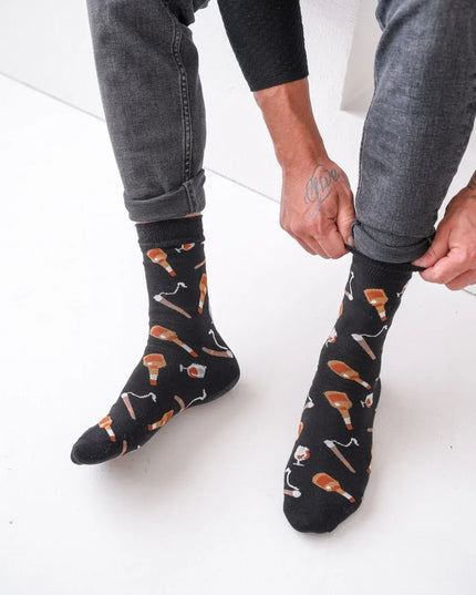 Men's Black Socks with Cigar and Whiskey Motif - Top Tights