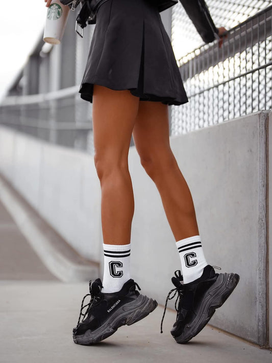White Cotton Socks with Black "C" Detail - Classic Style with a Modern Twist