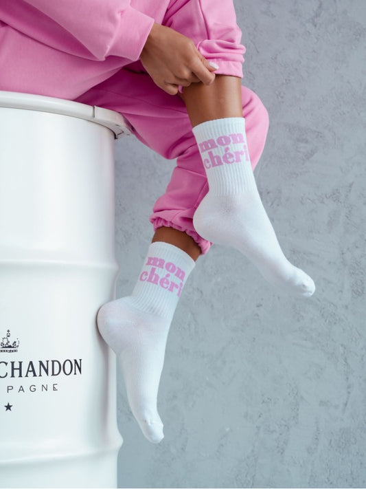 Chic "Mon Chéri" White Cotton Socks - Add a Touch of French Flair to Your Step!