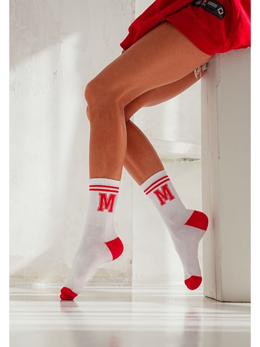 White Cotton Socks with Bold Red "M" Detail - Elevate Your Everyday Style.