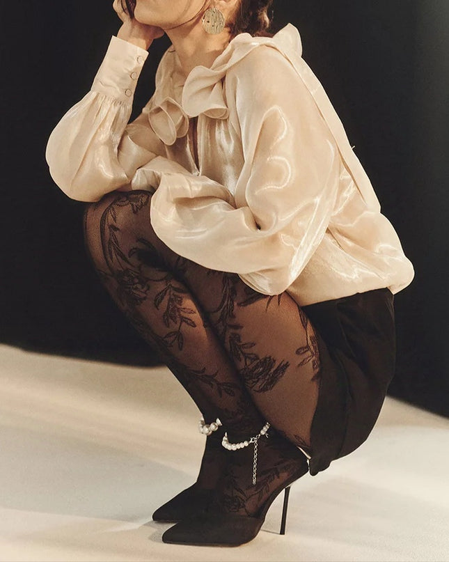 Elegant Lace Floral Tights -Burgundy, Ecru, Black| Gabriella Hosiery