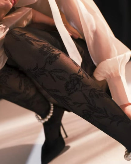 Elegant Lace Floral Tights -Burgundy, Ecru, Black| Gabriella Hosiery