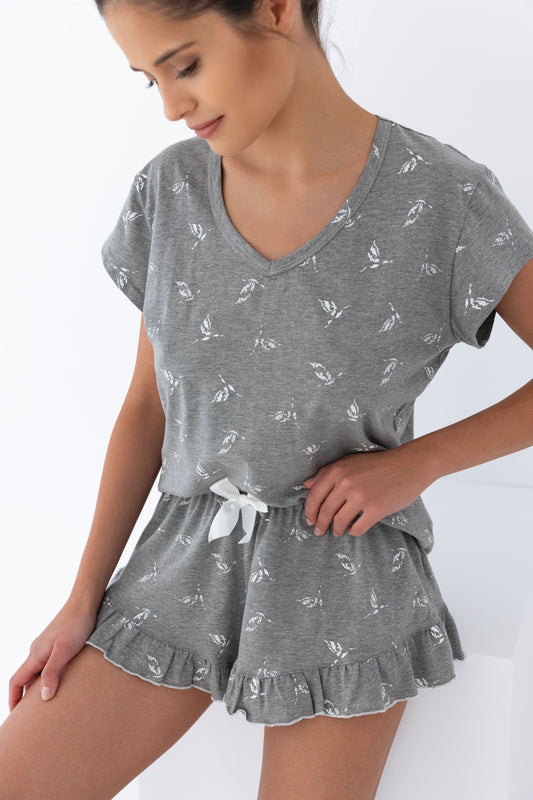 Grey Printed Pyjama Set with Statement Bow – Stylish & Soft Cotton Nightwear