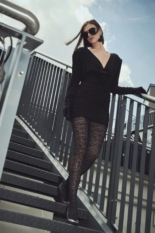 Women’s Patterned Tights – Black & Brown | Sheer Fashion Tights with Lace-Style Design