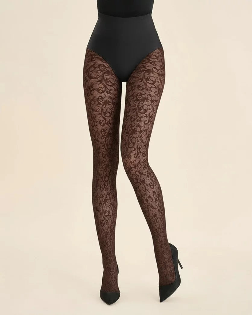 Women’s Patterned Tights – Black & Brown | Sheer Fashion Tights with Lace-Style Design