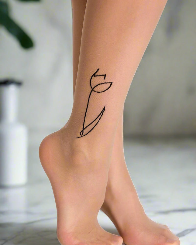 Tights Carole - Tights with a Tulip above the ankle - floral pattern- 20 den- beige