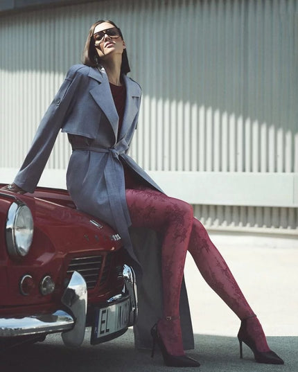 Burgundy & Black Floral Patterned Tights – Elegant Women’s Fashion Hosiery