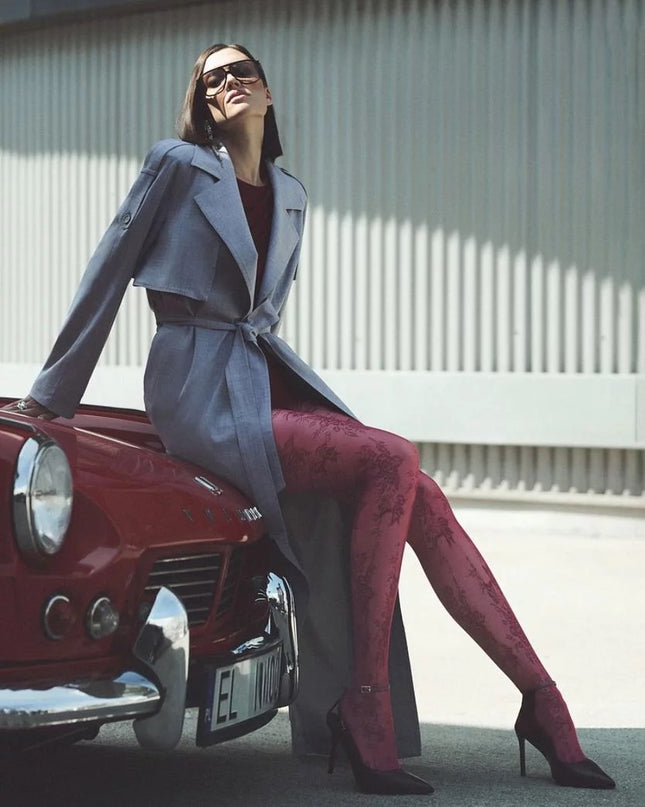 Burgundy & Black Floral Patterned Tights – Elegant Women’s Fashion Hosiery