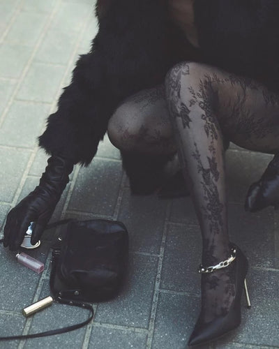 Burgundy & Black Floral Patterned Tights – Elegant Women’s Fashion Hosiery