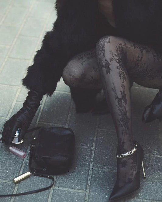 Burgundy & Black Floral Patterned Tights – Elegant Women’s Fashion Hosiery