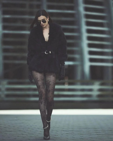 Burgundy & Black Floral Patterned Tights – Elegant Women’s Fashion Hosiery