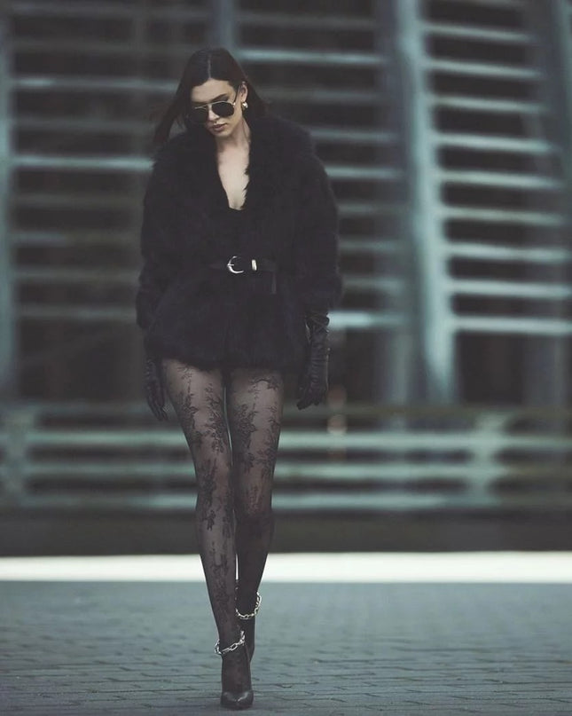 Burgundy & Black Floral Patterned Tights – Elegant Women’s Fashion Hosiery