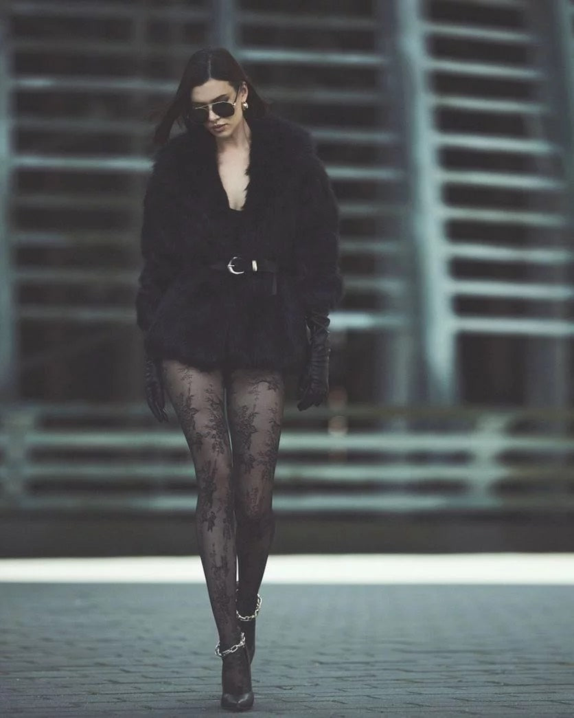 Burgundy & Black Floral Patterned Tights – Elegant Women’s Fashion Hosiery