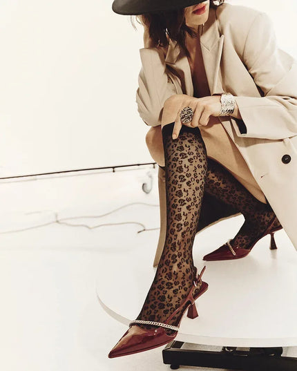 Sheer Leopard Print Knee-High Socks – Fierce Elegance for Every Occasion - Top Tights
