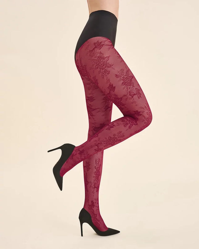 Burgundy & Black Floral Patterned Tights – Elegant Women’s Fashion Hosiery