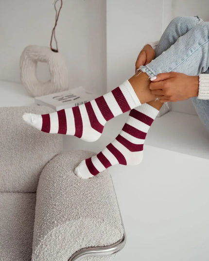 Cotton Socks with Bold Burgundy Stripes – Cosy, Chic & Stylish - Top Tights